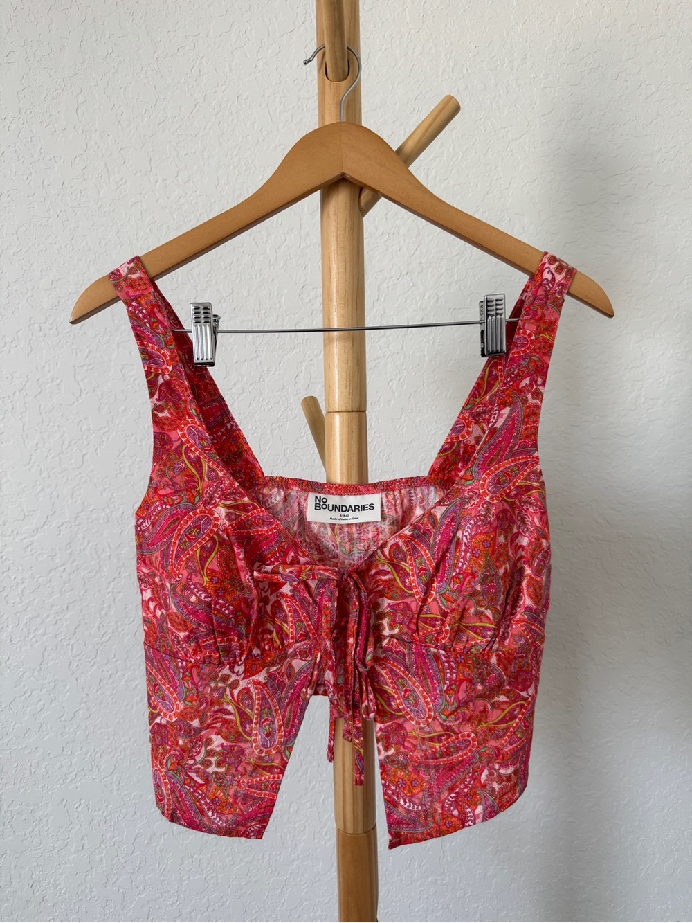 No Boundaries Red Pink Paisley Tie-Front Camisole
